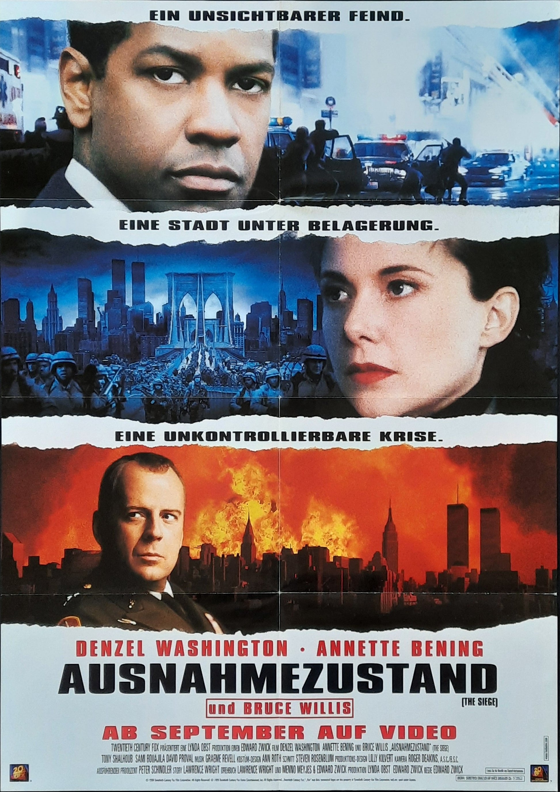 THE SIEGE Original Movie Poster 1998 Denzel Washington Bruce Willis German 1-Sheet Poster