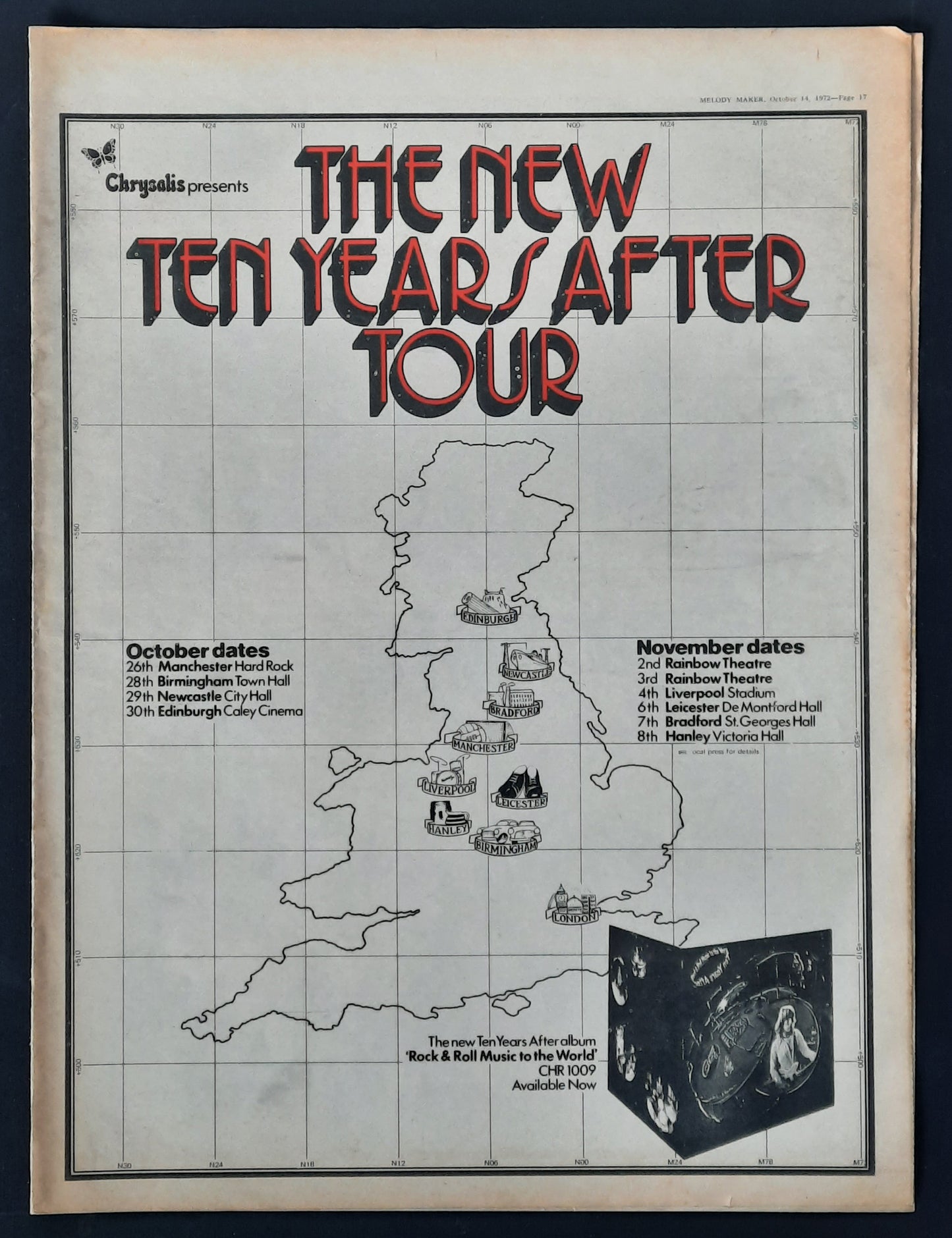 TEN YEARS AFTER 1972 Poster/Press Ad UK Tour "Rock & Roll Music..."