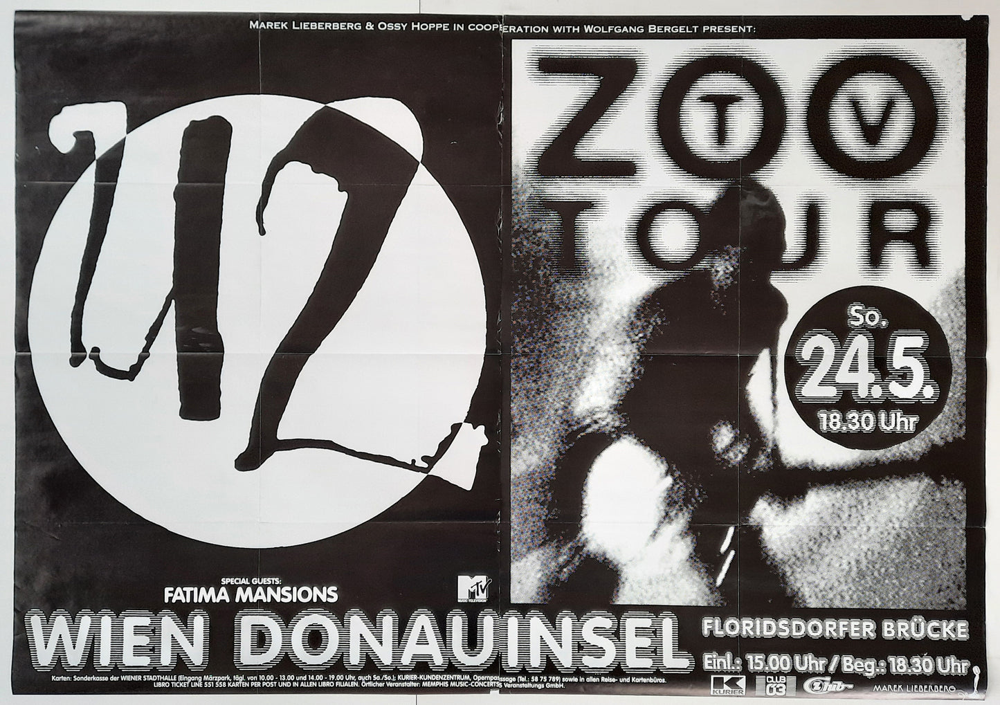 U2 Original Concert Poster May 24, 1992 Vienna Austria SUBWAY POSTER