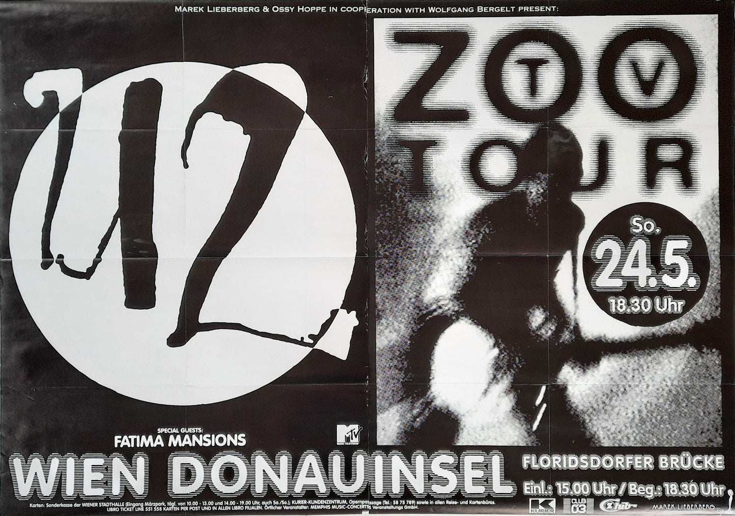 U2 Original Concert Poster May 24, 1992 Vienna Austria SUBWAY POSTER