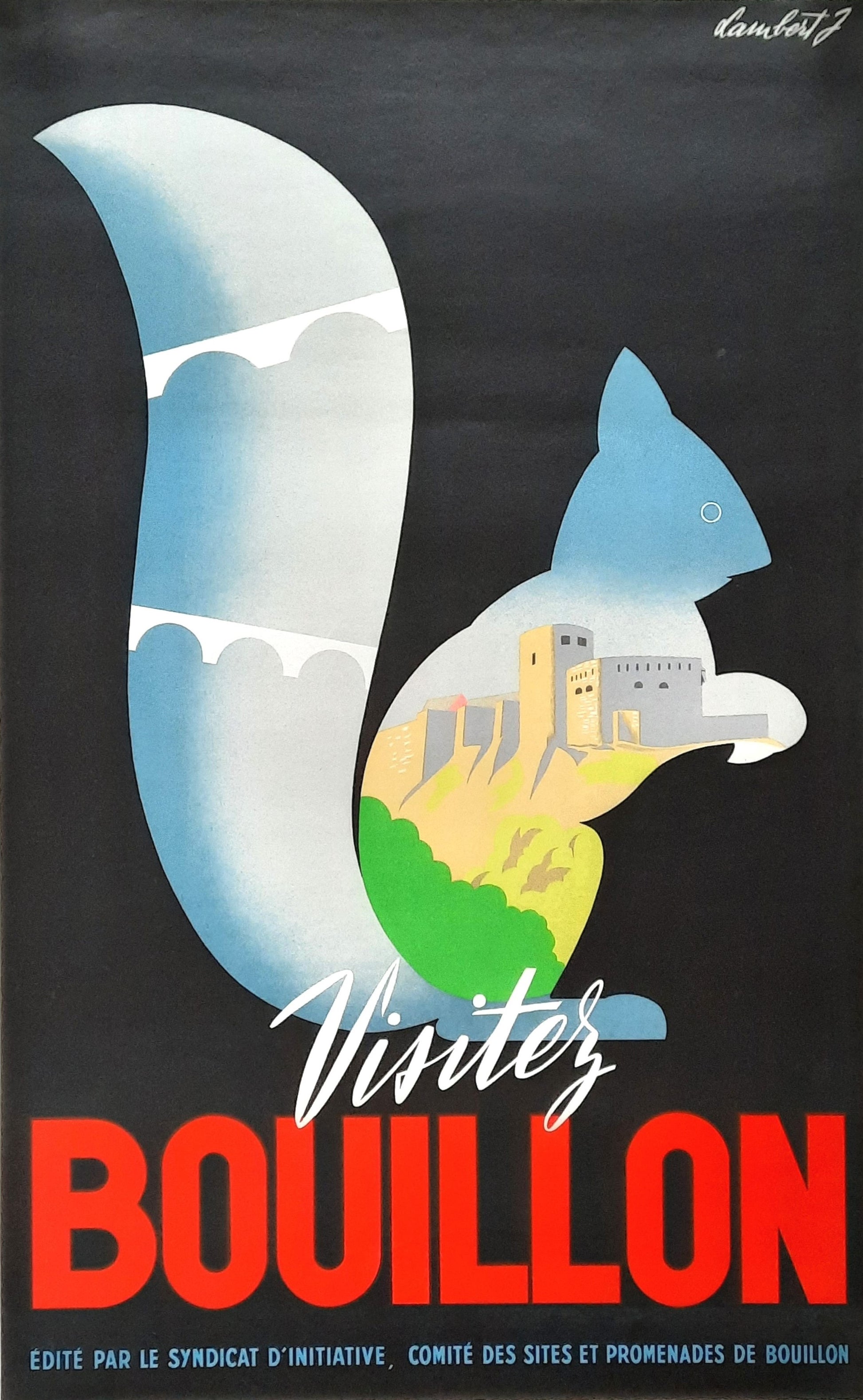 VISITEZ BOUILLON Original Travel Advertisement Poster 1950 by J. Lambert Belgium Original