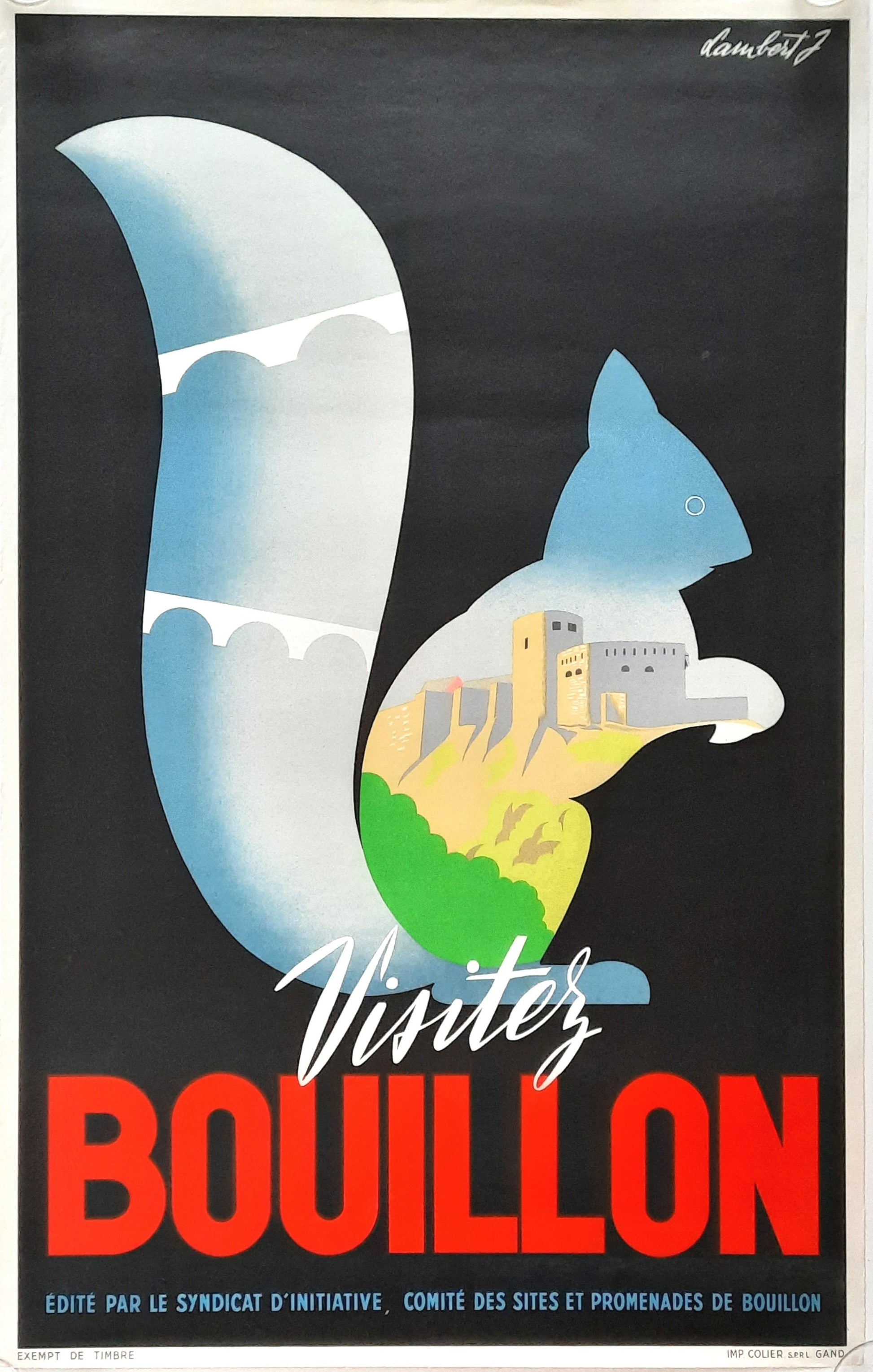 VISITEZ BOUILLON Original Travel Advertisement Poster 1950 by J. Lambert Belgium Original 2