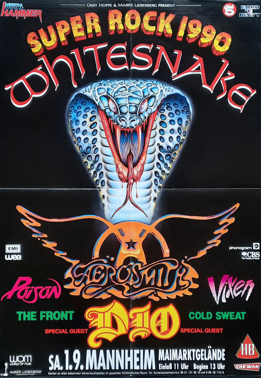 WHITESNAKE - AEROSMITH Original Concert Poster September 1, 1990 Mannheim SUPER ROCK FESTIVAL 1