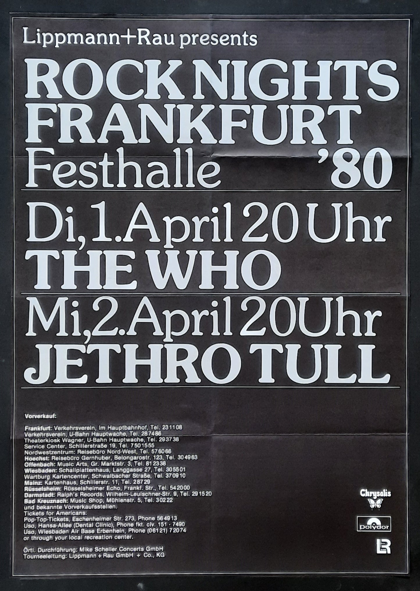 WHO - JETHRO TULL Original Concert Poster April 1-2, 1980 Frankfurt Germany ROCK NIGHTS FESTIVAL