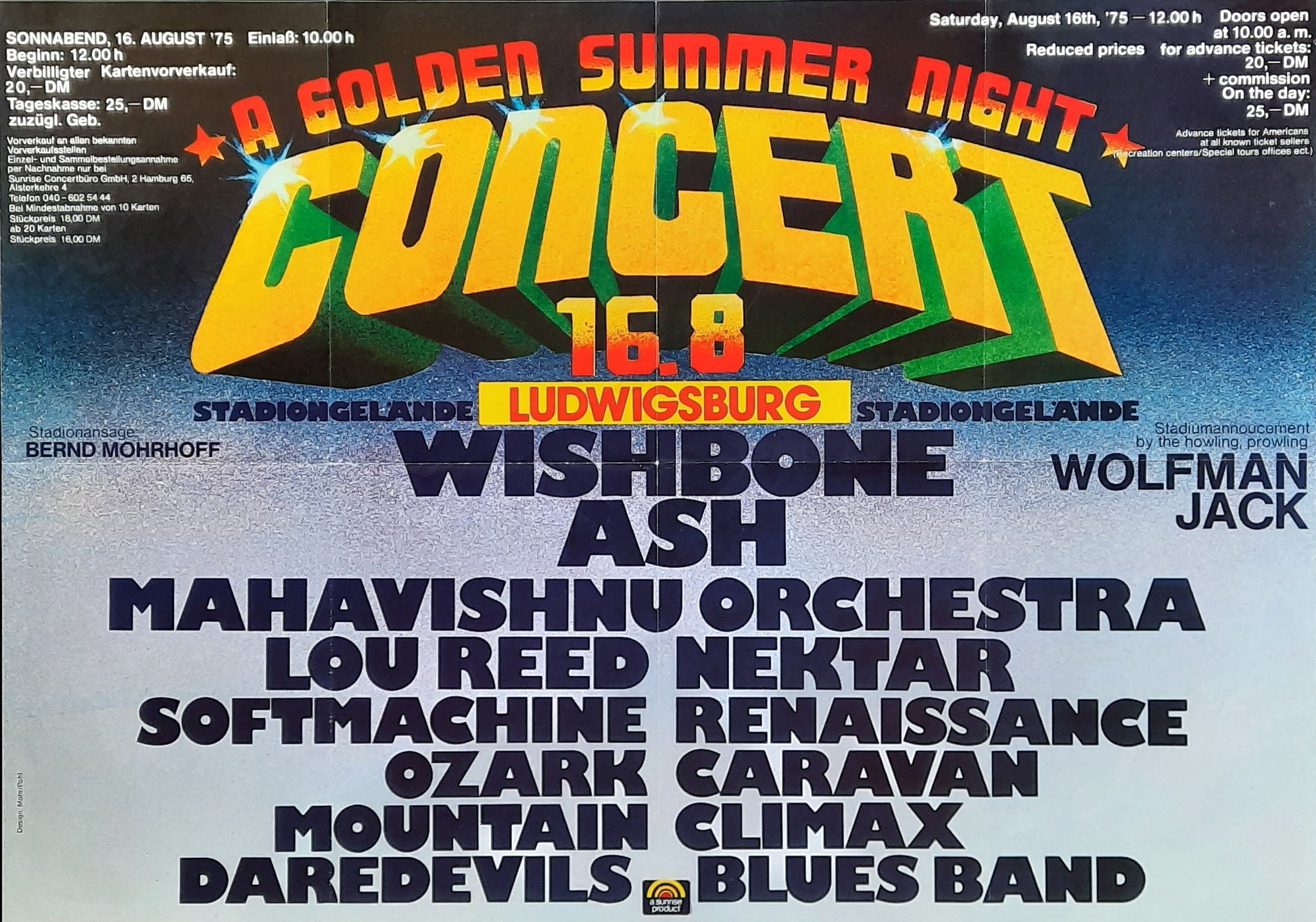 WISHBONE ASH LOU REED Original Concert Poster August 16, 1975 Ludwigsburg Germany 1