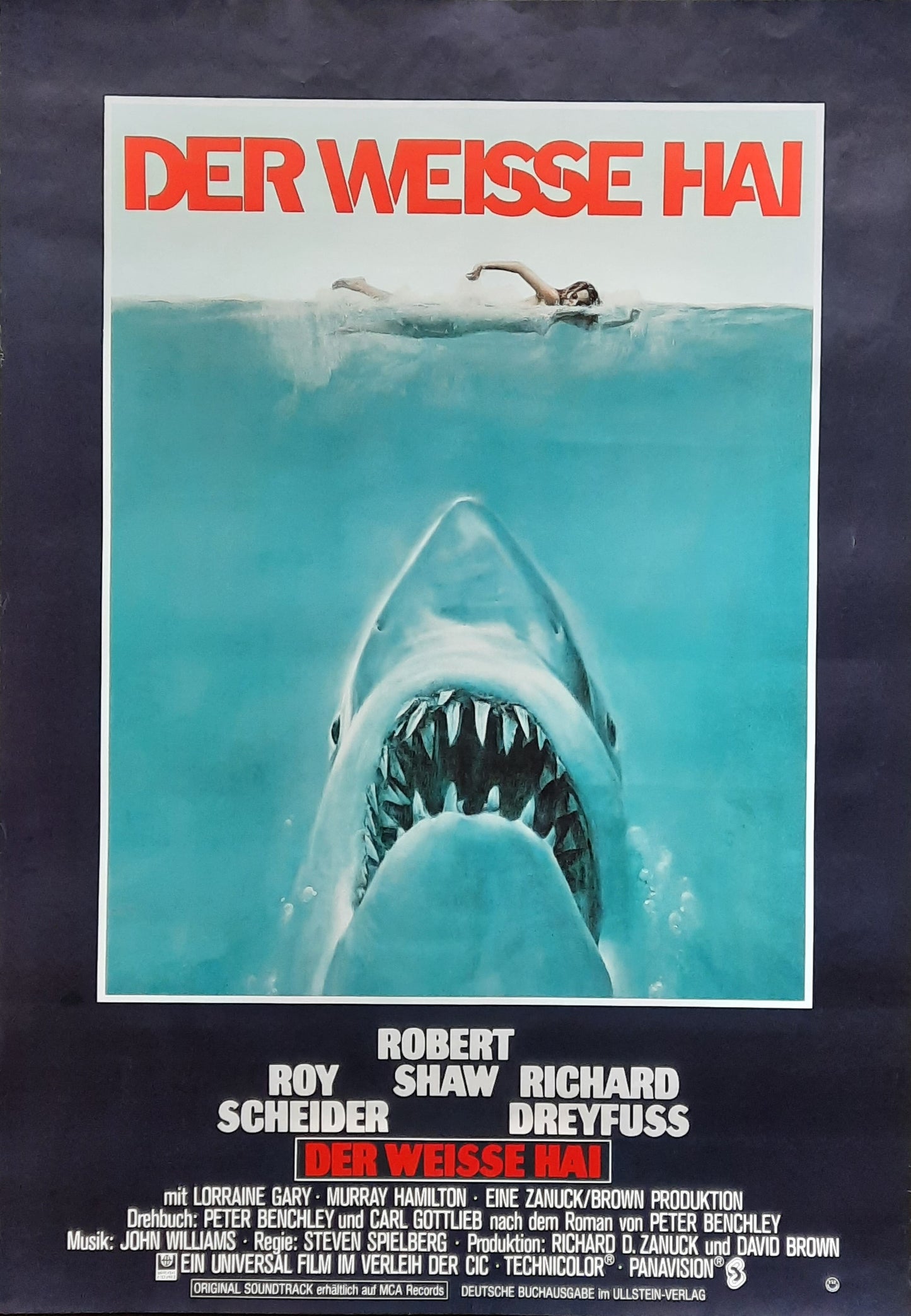 JAWS 1975 Steven Spielberg Roy Scheider Richard Dreyfuss Robert Shaw German 1-Sheet-Movie-Poster ROLLED 23 x 33 Design by Roger Kastel