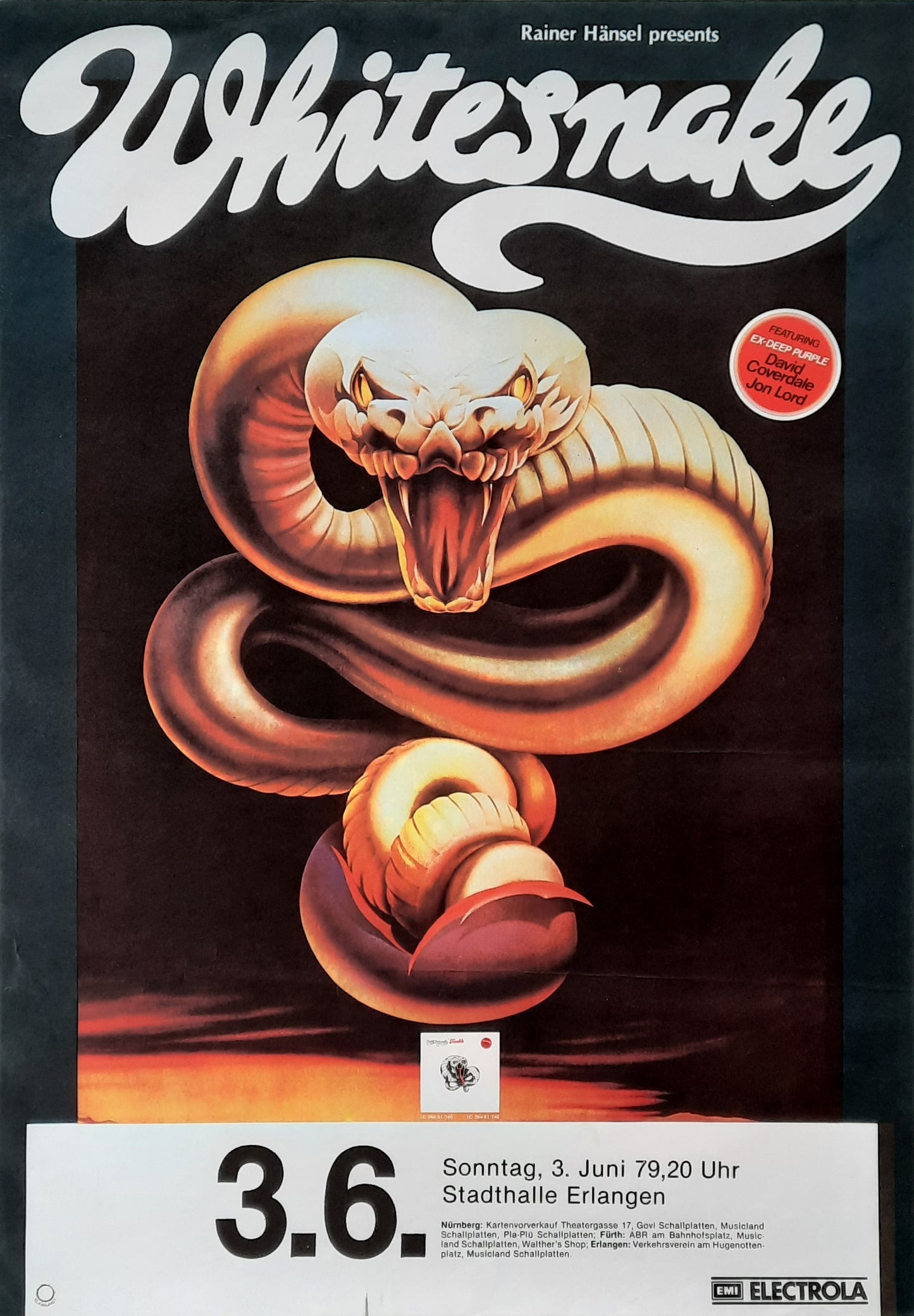 WHITESNAKE 1979 Concert Poster Jul 3rd Erlangen Germany