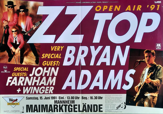 ZZ TOP - BRYAN ADAMS Original Concert Poster June 15, 1991 Mannheim Germany OPEN AIR '91 1