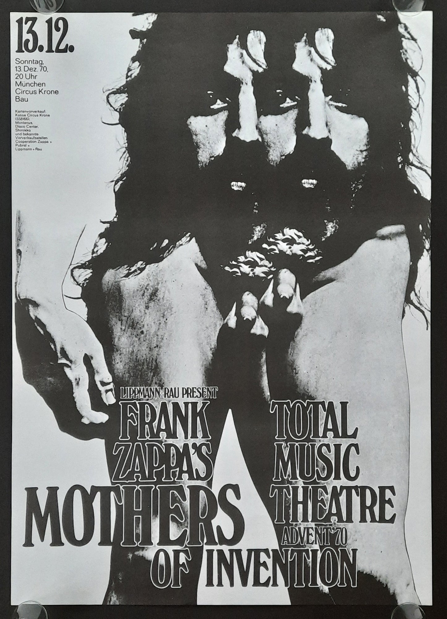 FRANK ZAPPA 1970 Concert Poster Dec 13th Munich Germany Very Rare "Double-Head" by KIESER